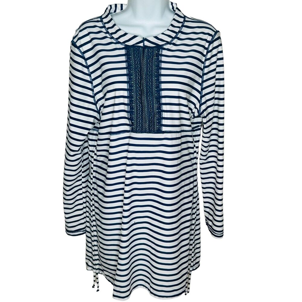 Cabana Life Cover Up‎ Swim Dress XL Long Slvs Striped Embroidered Ruched UPF 50